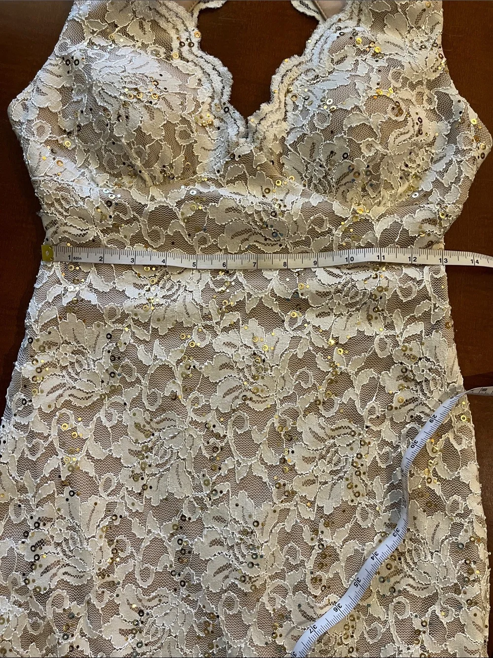 Ivory Lace Open-Back Dress, sequins. Morgan & Co. Stretchy. Bridal shower. S-M - Picture 10 of 12